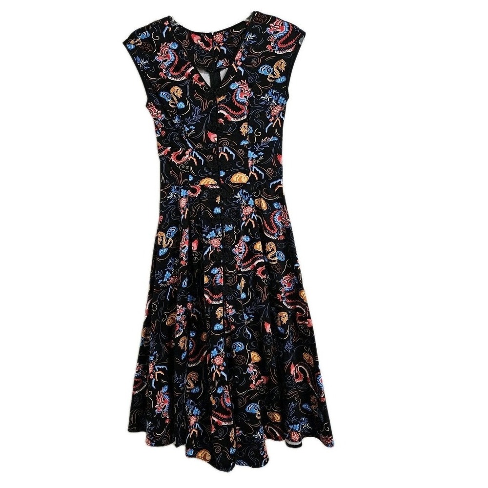 Pinup Couture Clothing Fit & Flare Dress Women XS Black Dragon Print Retro‎ 50s